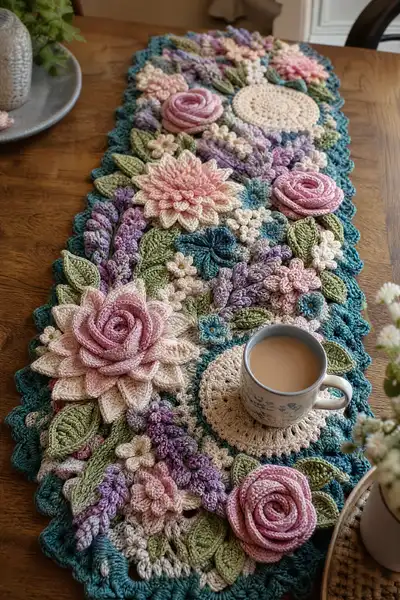 Cottage Rose Crochet Table Runner Pattern step 1 - construction progress