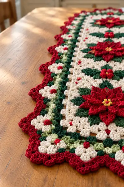 Festive Poinsettia Table Runner Pattern step 2 - assembly progress