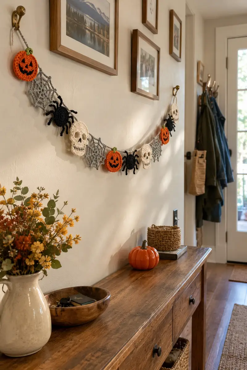 Skull and Spider Web Halloween Garland Pattern crochet pattern - detailed view of completed project
