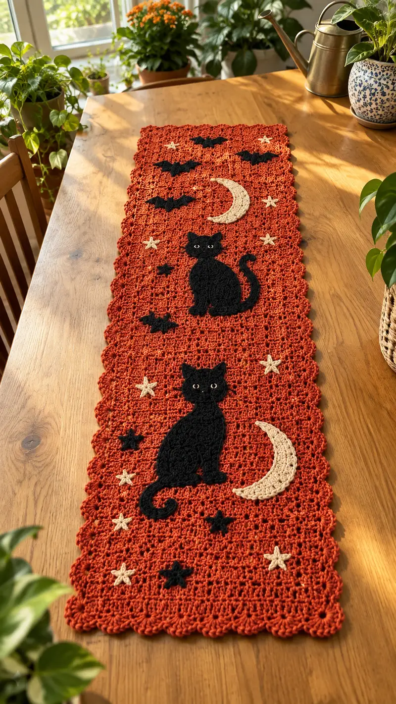 Halloween Cats Table Runner Pattern crochet pattern - detailed view of completed project
