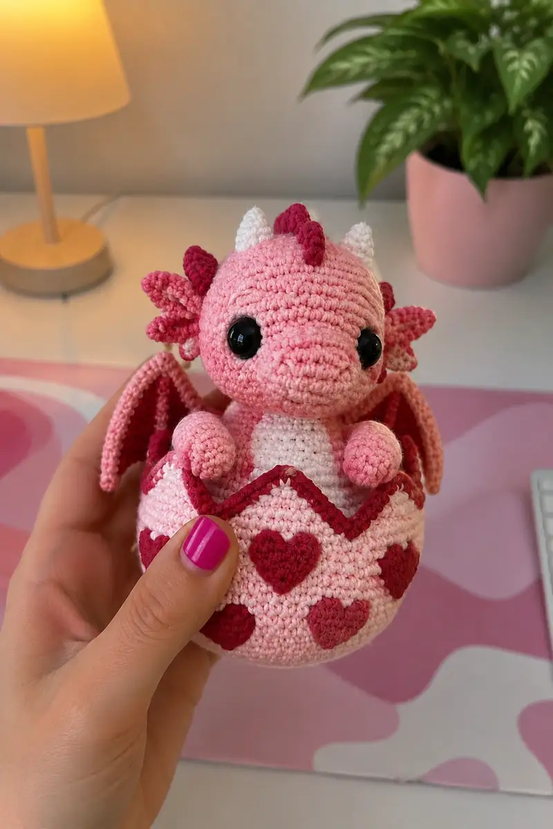 Big Valentine Baby Dragon Hatching from a Heart Egg Amigurumi Pattern crochet pattern - detailed view of completed project