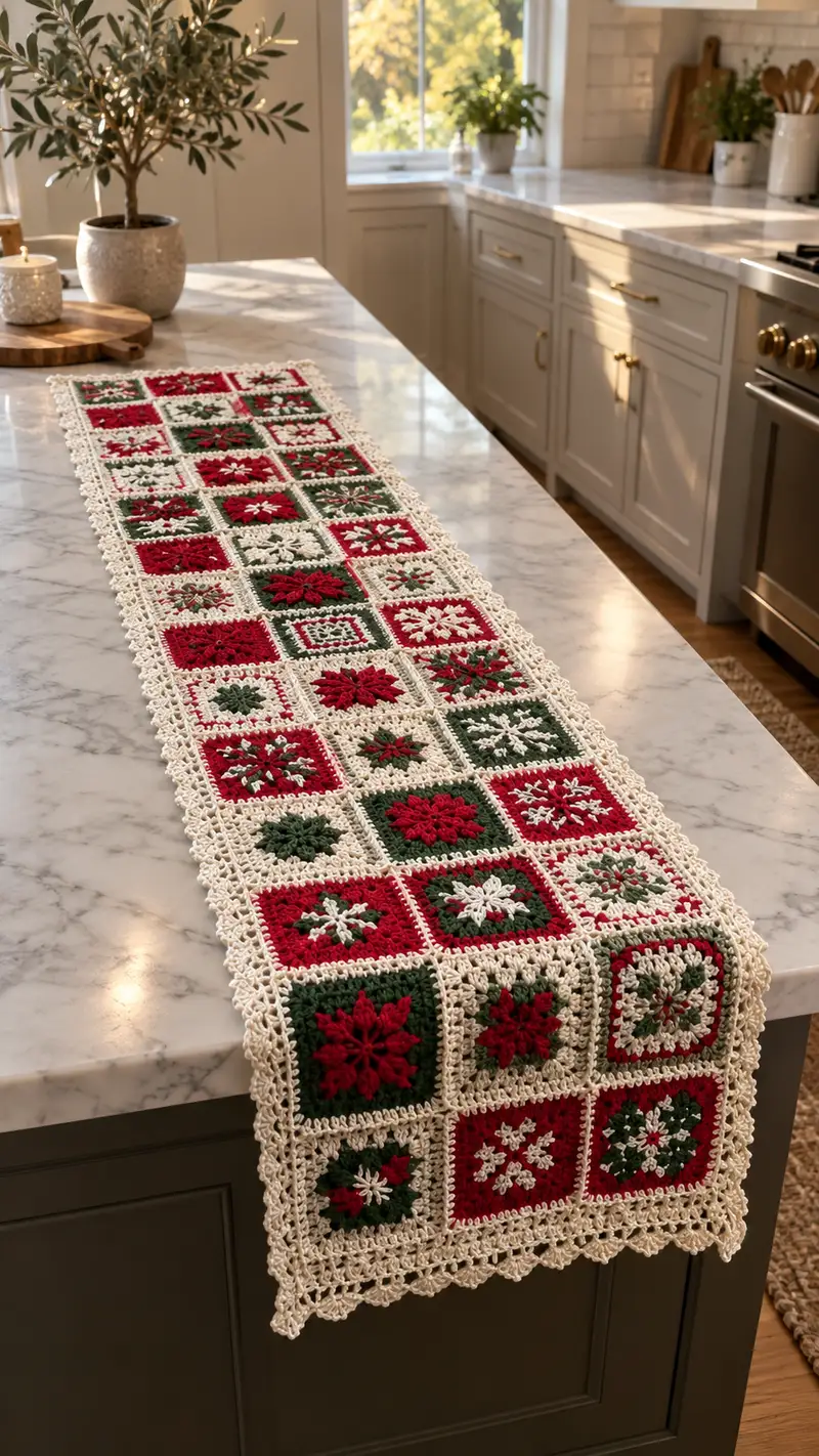 Festive Granny Square Table Runner Pattern crochet pattern - detailed view of completed project