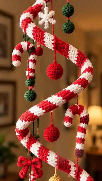 Candy Cane Spiral Holiday Mobile Pattern step 2 - assembly progress
