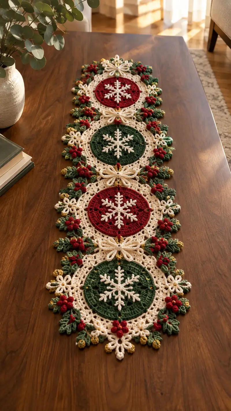 Crimson And Forest Green Snowflake Table Runner Pattern crochet pattern - detailed view of completed project