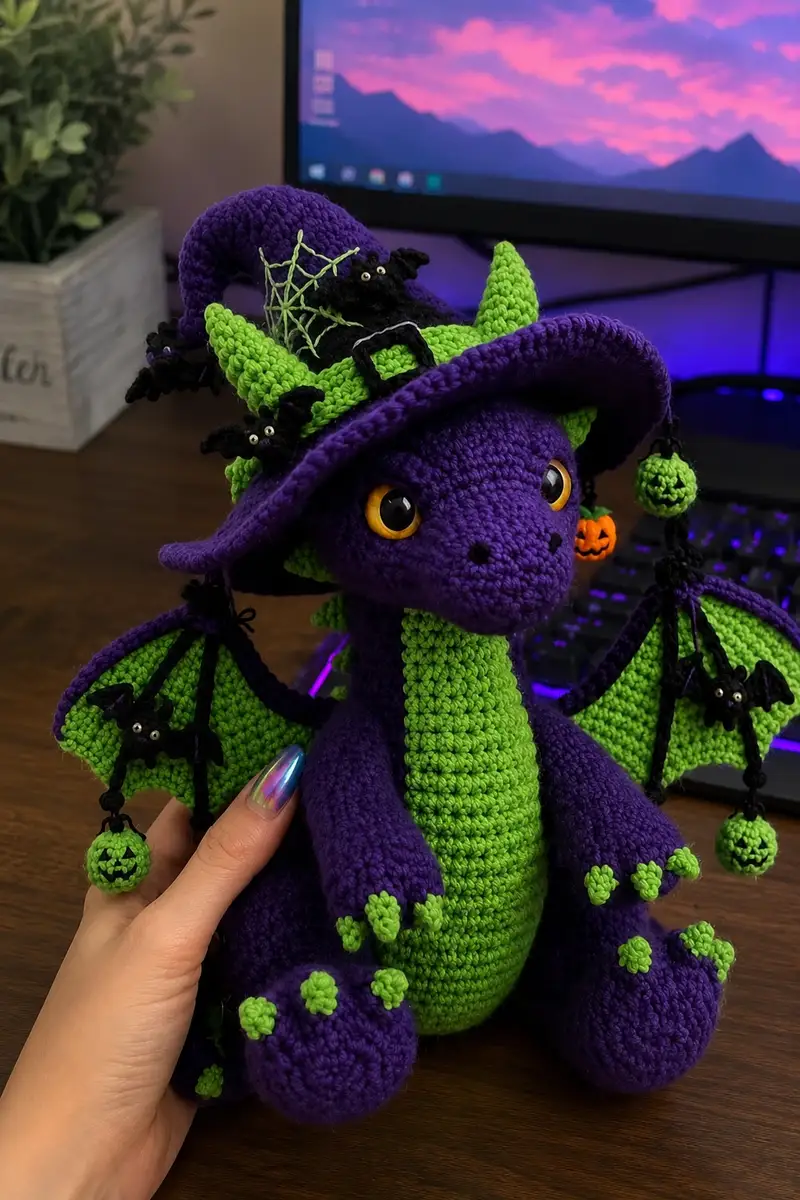 Witchy Dragon Amigurumi Pattern crochet pattern - detailed view of completed project