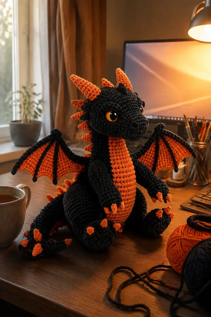 Spooky Cute Halloween Dragon Amigurumi Pattern crochet pattern - detailed view of completed project