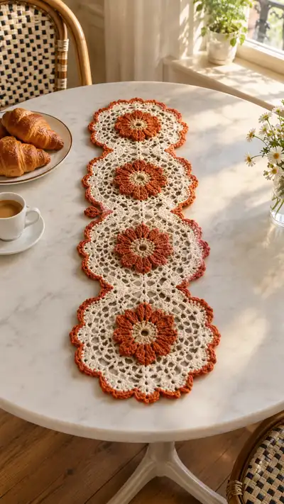 Burnt Orange Daisy Lace Table Runner Pattern step 1 - construction progress