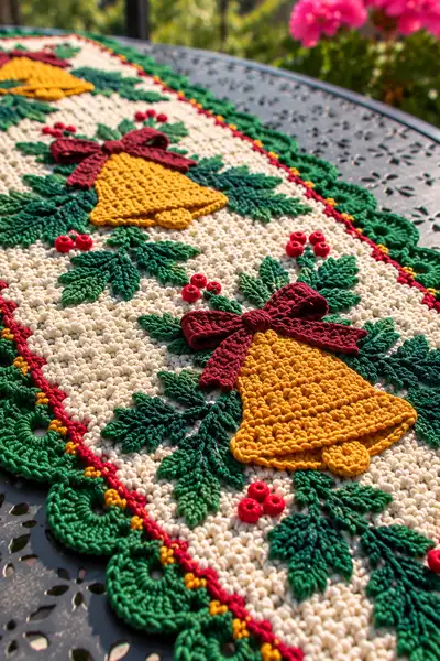Golden Bell and Evergreen Sprig Christmas Table Runner Pattern step 2 - assembly progress