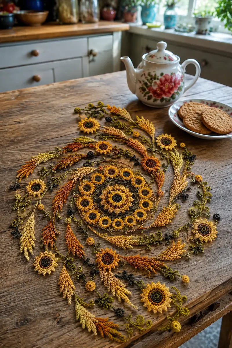 Autumn Sunflowers Table Runner Pattern crochet pattern - detailed view of completed project