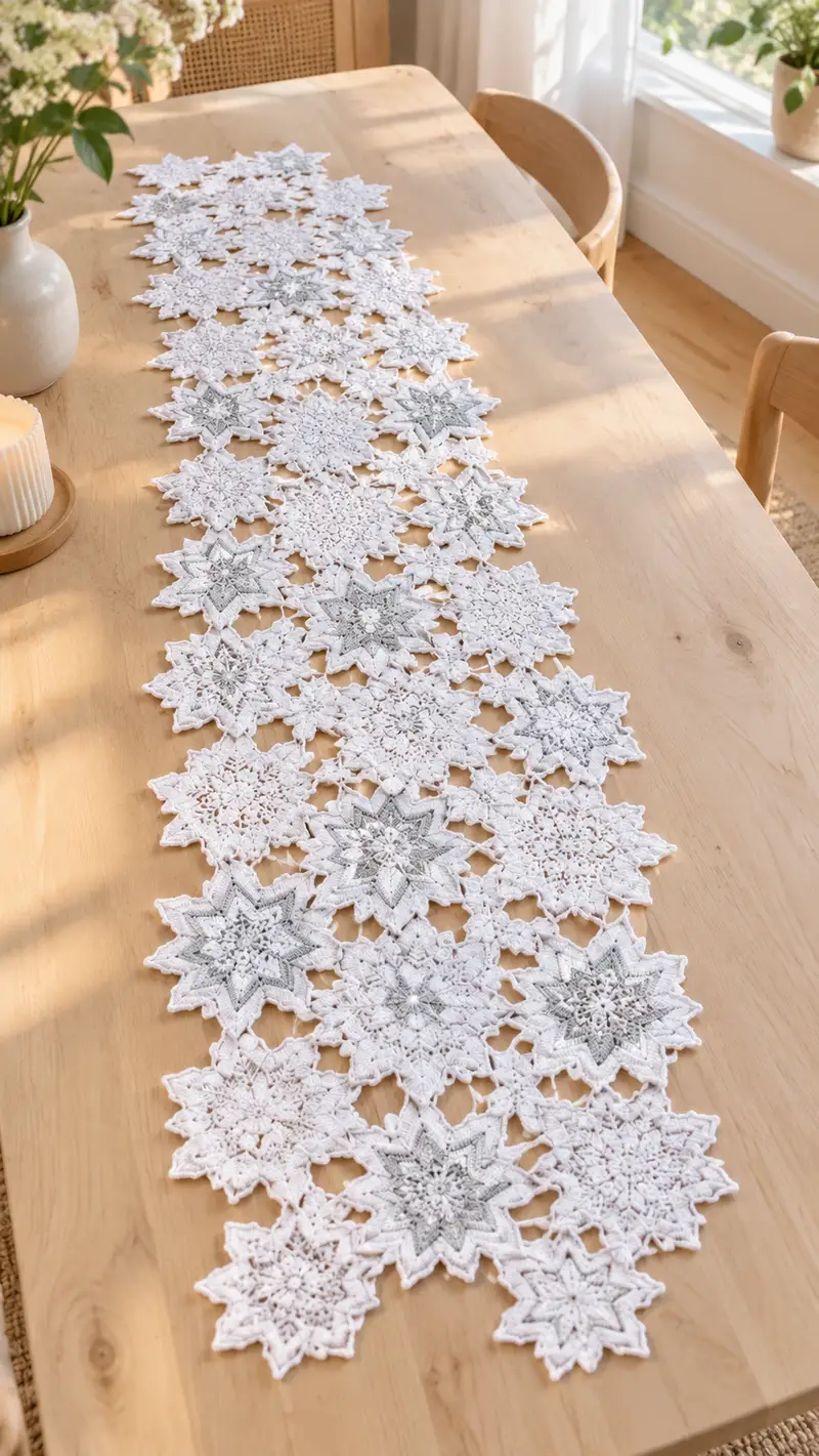 Snowflake Lace Table Runner Pattern crochet pattern - detailed view of completed project