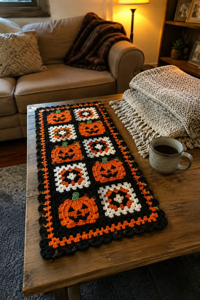 Halloween Granny Square Table Runner Pattern crochet pattern - detailed view of completed project