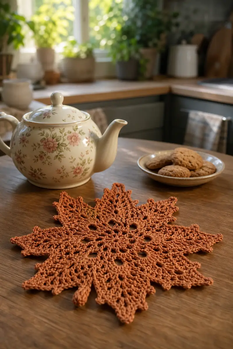 Autumn Leaf Lace Placemat Pattern crochet pattern - detailed view of completed project