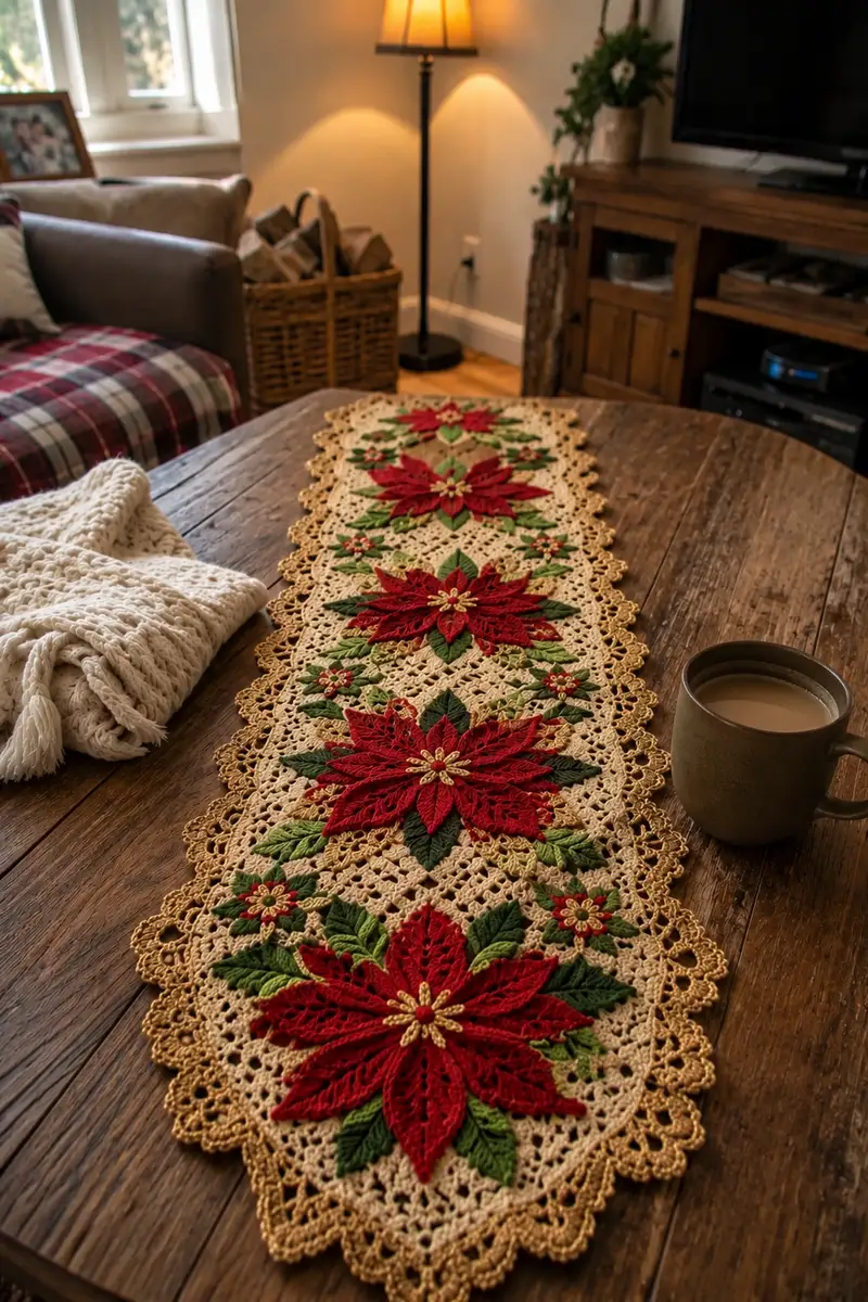 Elegant Gold Poinsettia Christmas Table Runner Pattern crochet pattern - detailed view of completed project