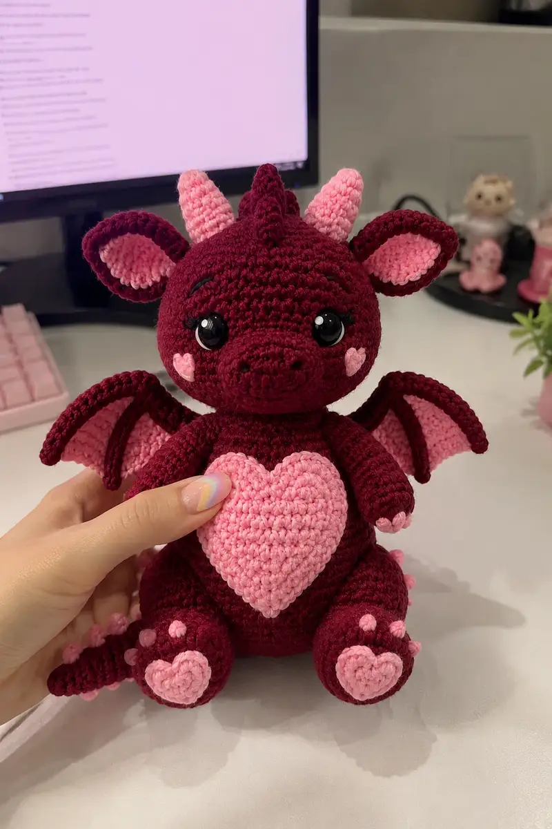 Big Burgundy Sweetheart Dragon Amigurumi Pattern crochet pattern - detailed view of completed project