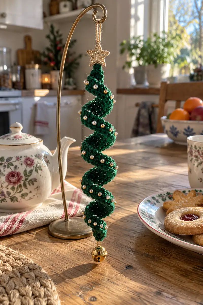 Spiral Christmas Tree Ornament Pattern crochet pattern - detailed view of completed project