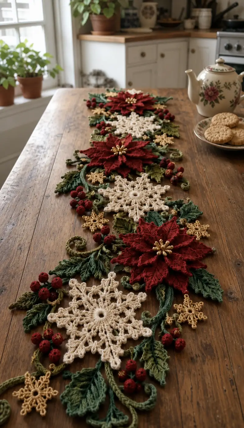 Festive Poinsettia & Snowflake Table Runner Pattern crochet pattern - detailed view of completed project