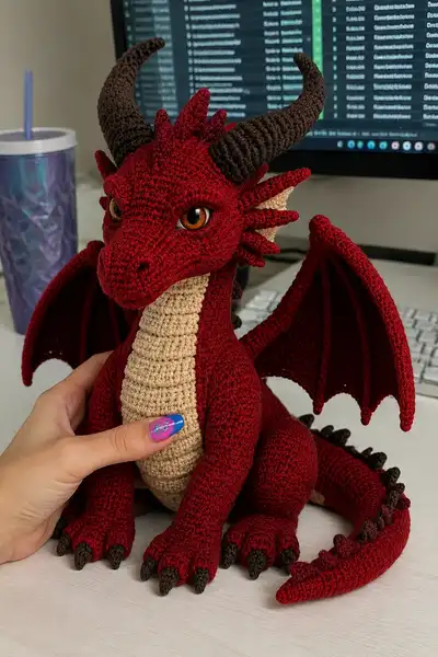 Big Crimson Demon Dragon with Curved Horns Amigurumi Pattern step 1 - construction progress