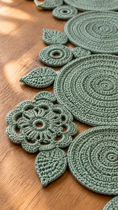 Sage Botanical Circle Table Runner Pattern step 2 - assembly progress