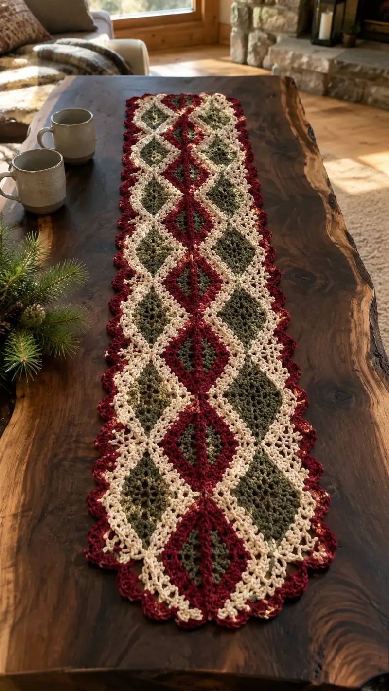 Burgundy Olive Diamond Lace Table Runner Pattern crochet pattern - detailed view of completed project