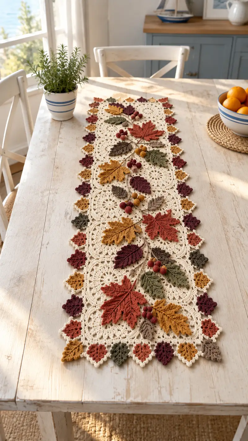 Autumn Leaves Crochet Table Runner Pattern crochet pattern - detailed view of completed project