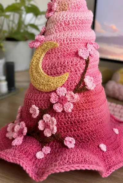 Big Pink Ombre Spiral Witch Hat with Cherry Blossoms and Gold Moon Pattern step 2 - assembly progress