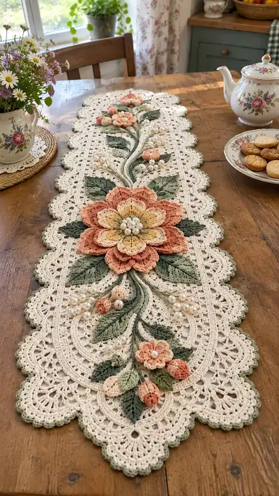 Elegant Floral Lace Table Runner Pattern step 1 - construction progress