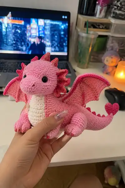 Big Pink Valentine Love Dragon with Heart Tail Amigurumi Pattern step 1 - construction progress