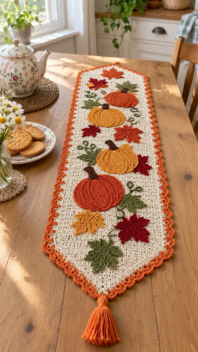 Autumn Pumpkins Table Runner Pattern crochet pattern - detailed view of completed project