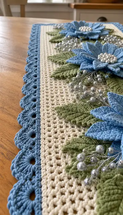 Elegant Blue Poinsettia Table Runner Pattern step 2 - assembly progress
