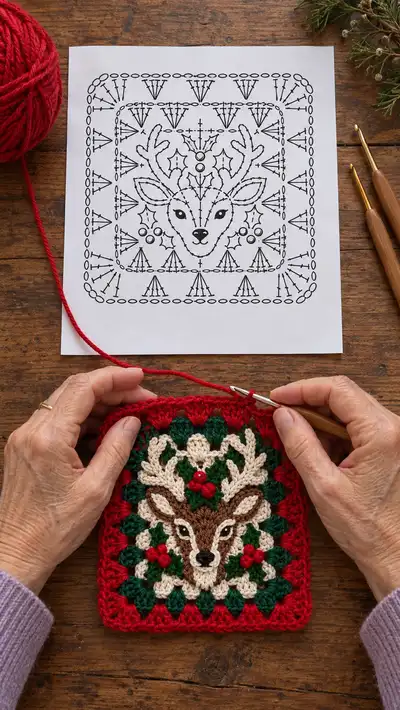 Festive Reindeer Square Crochet Pattern step 1 - construction progress