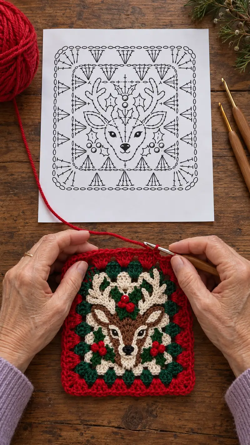 Festive Reindeer Square Crochet Pattern crochet pattern - detailed view of completed project