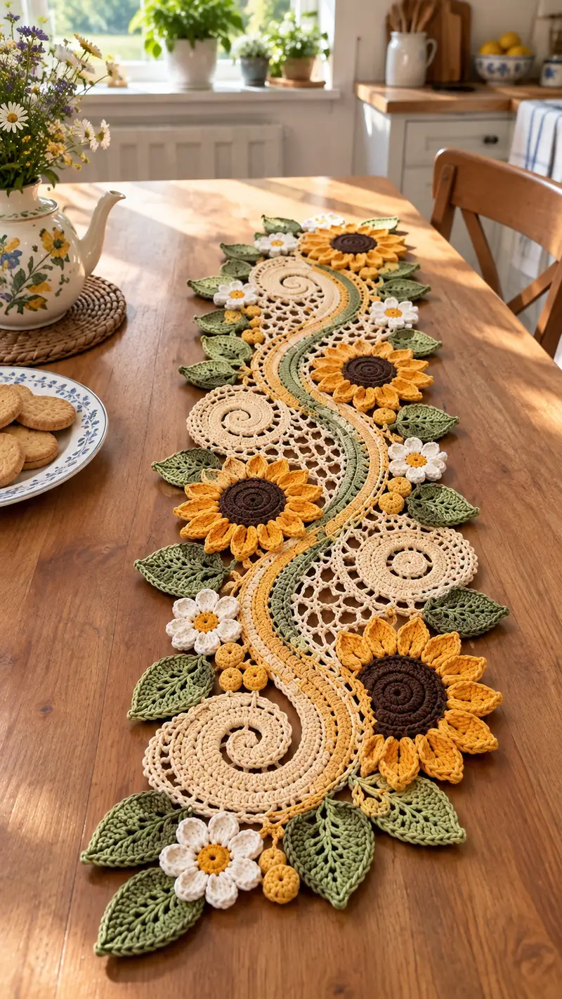 Sunflower Lace Table Runner Pattern crochet pattern - detailed view of completed project