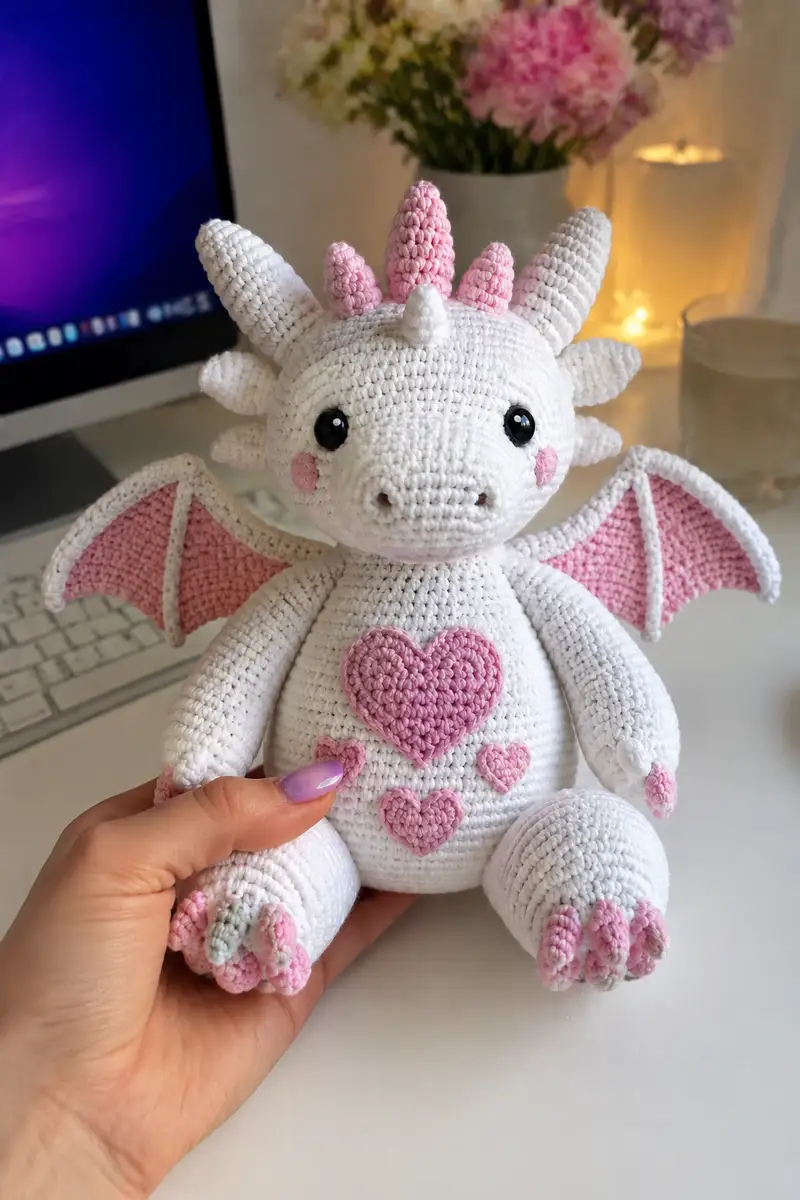 Big White Love Dragon with Pink Hearts Amigurumi Pattern crochet pattern - detailed view of completed project