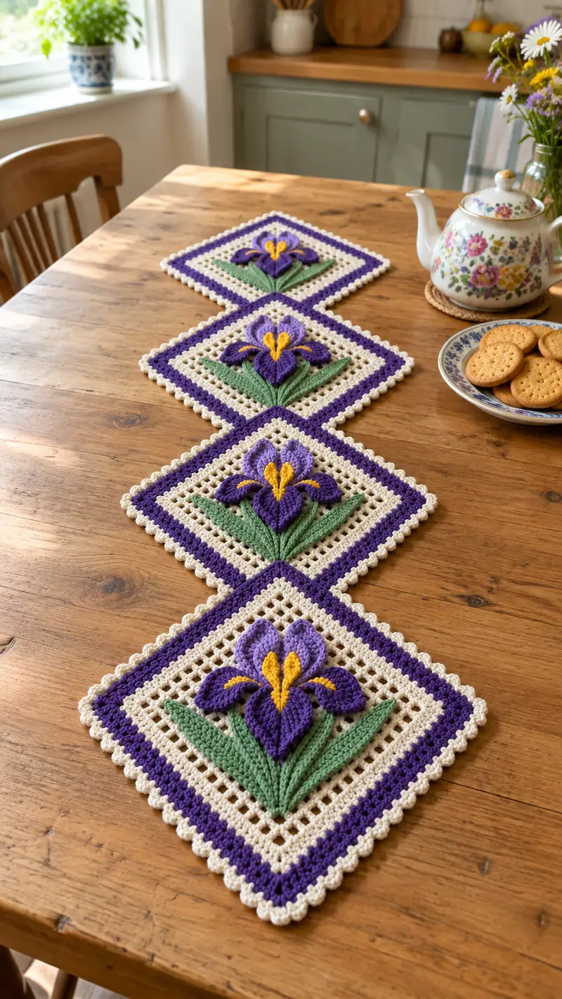 Vintage Iris Square Table Runner Pattern crochet pattern - detailed view of completed project