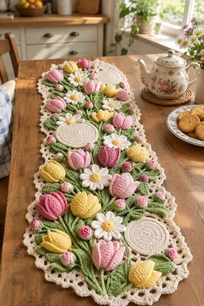 Spring Tulip Crochet Table Runner Pattern step 1 - construction progress