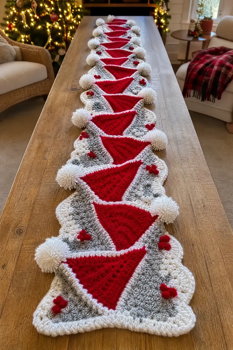 Long Santa Hat and Pompom Christmas Runner Pattern crochet pattern - detailed view of completed project