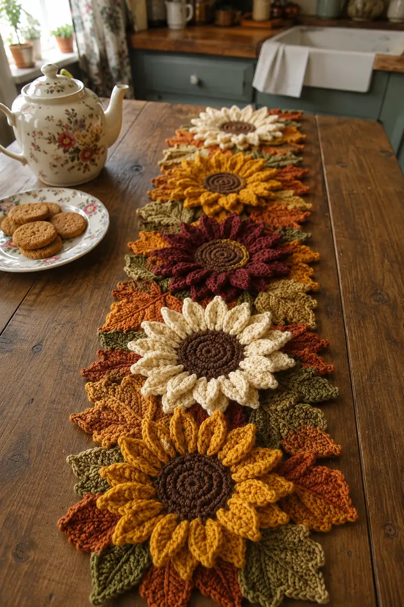 Autumn Sunflower Table Runner Pattern crochet pattern - detailed view of completed project