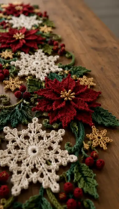 Festive Poinsettia & Snowflake Table Runner Pattern step 2 - assembly progress