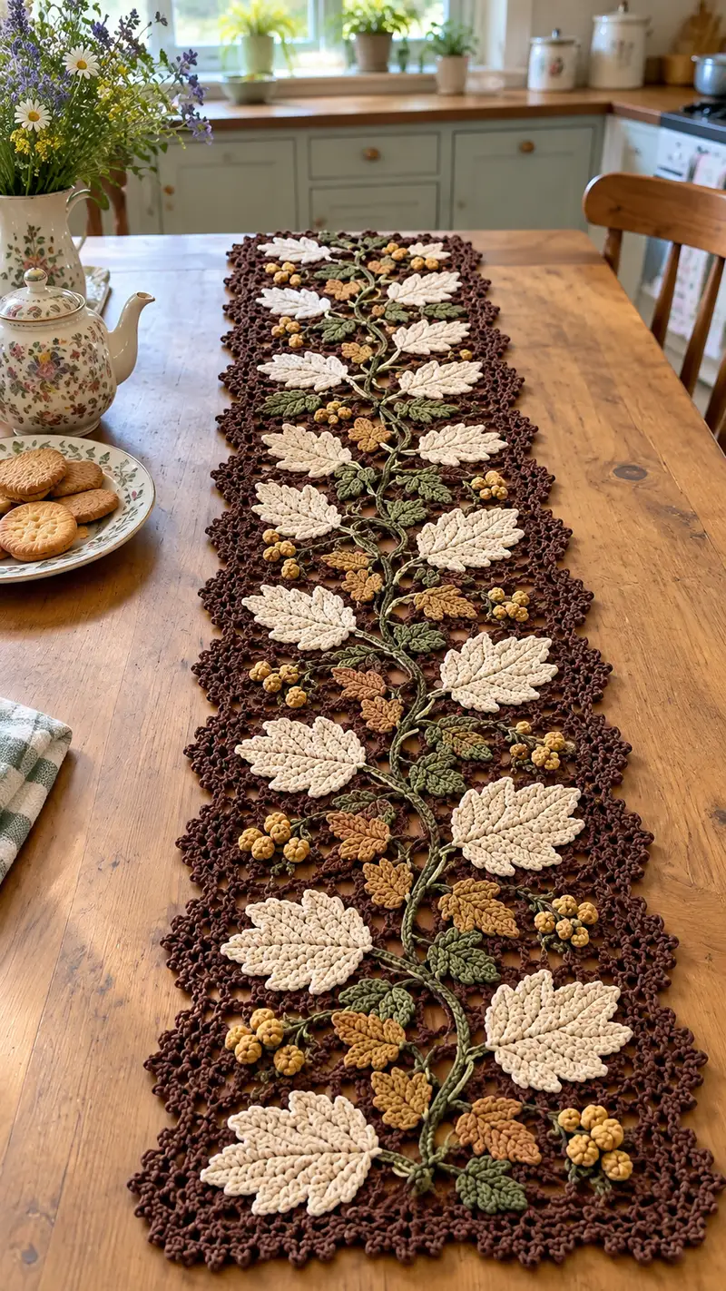 Autumn Leaves Table Runner Pattern crochet pattern - detailed view of completed project