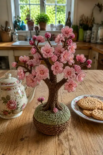 Cherry Blossom Branch Crochet Bouquet Pattern step 1 - construction progress