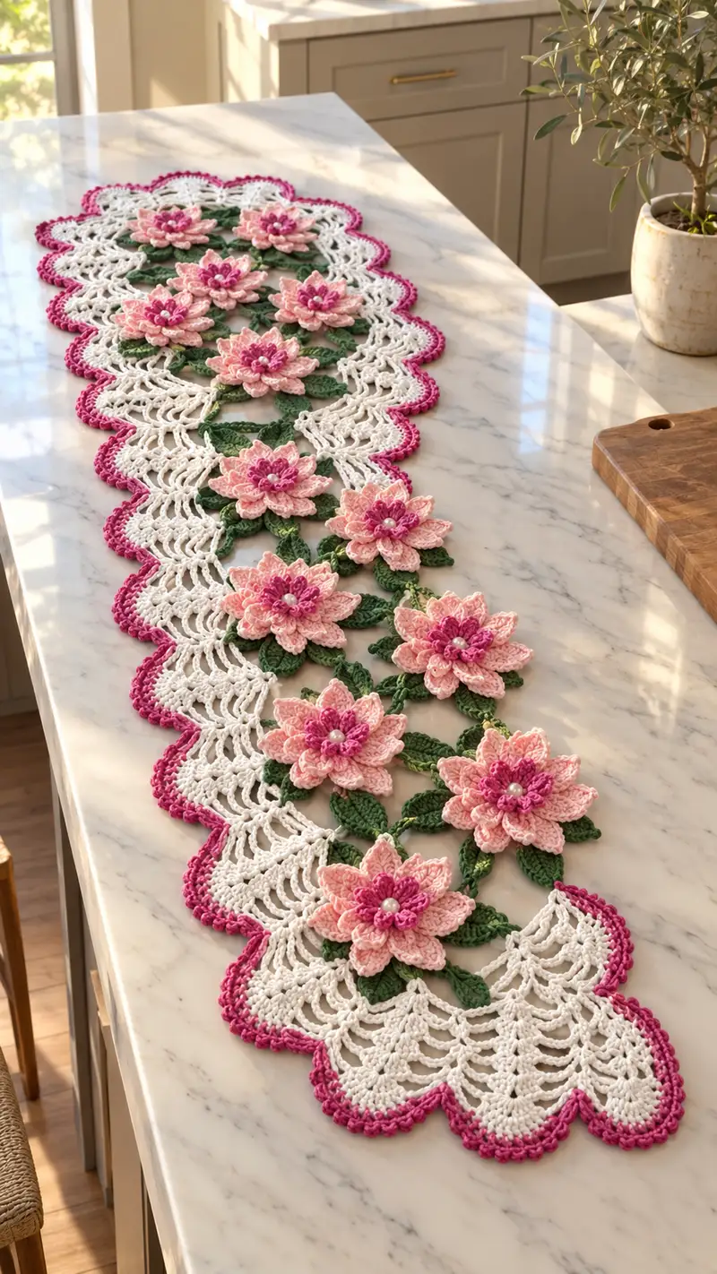Lace Lotus Table Runner Pattern crochet pattern - detailed view of completed project