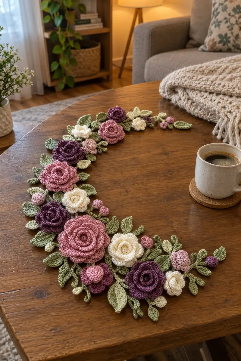 Free crochet pattern: Crescent Moon Rose Table Centerpiece Pattern - Intermediate level tutorial