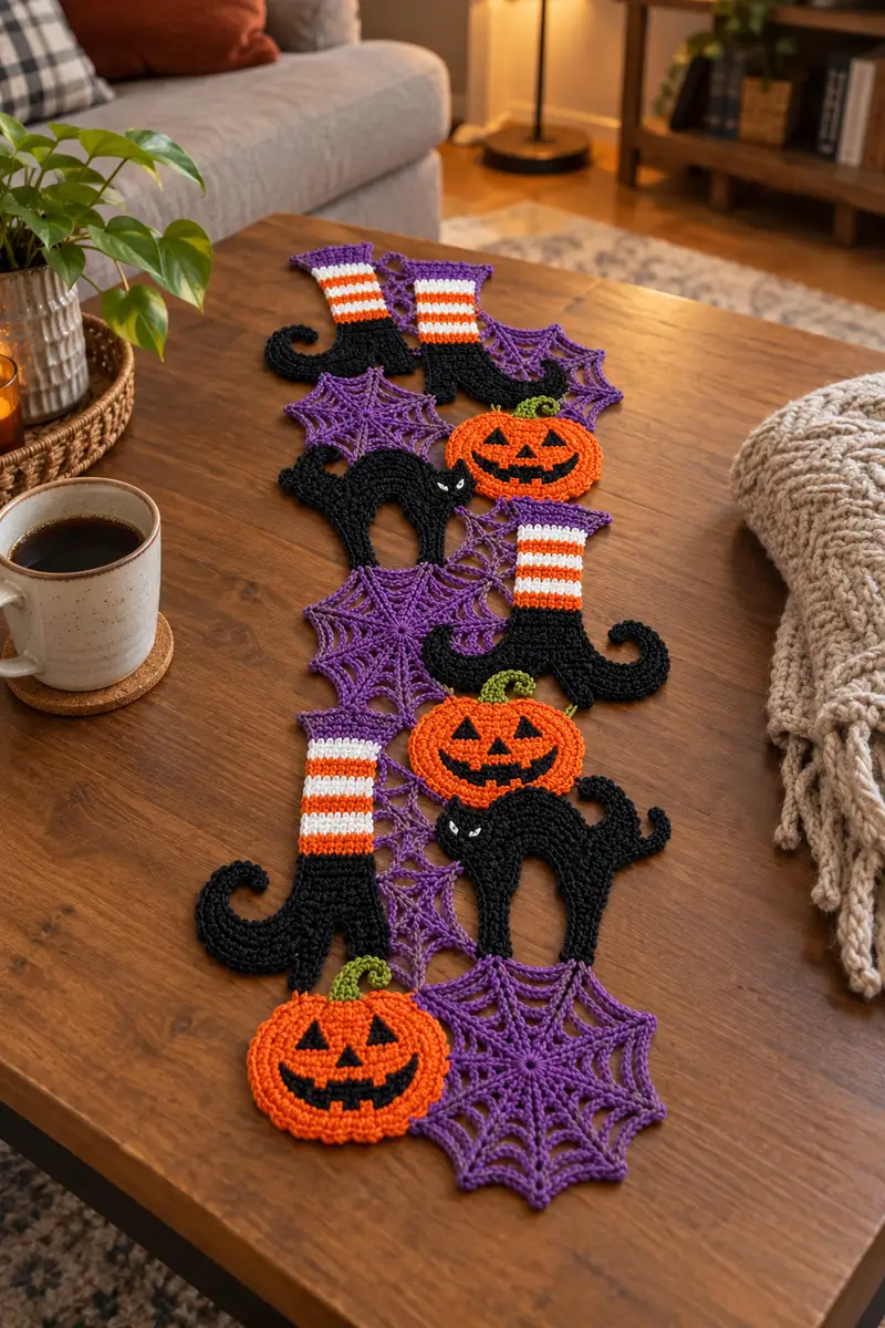 Witch Boots and Purple Web Halloween Table Runner Pattern crochet pattern - detailed view of completed project
