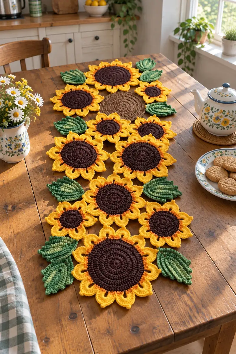 Sunflower Table Runner Pattern crochet pattern - detailed view of completed project