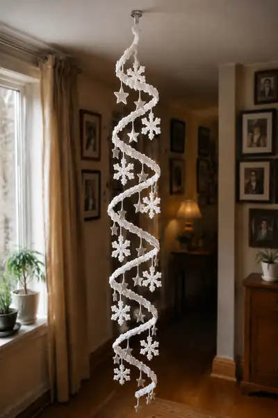 White Snowflake Spiral Christmas Garland Cascading with Silver Stars Pattern step 1 - construction progress