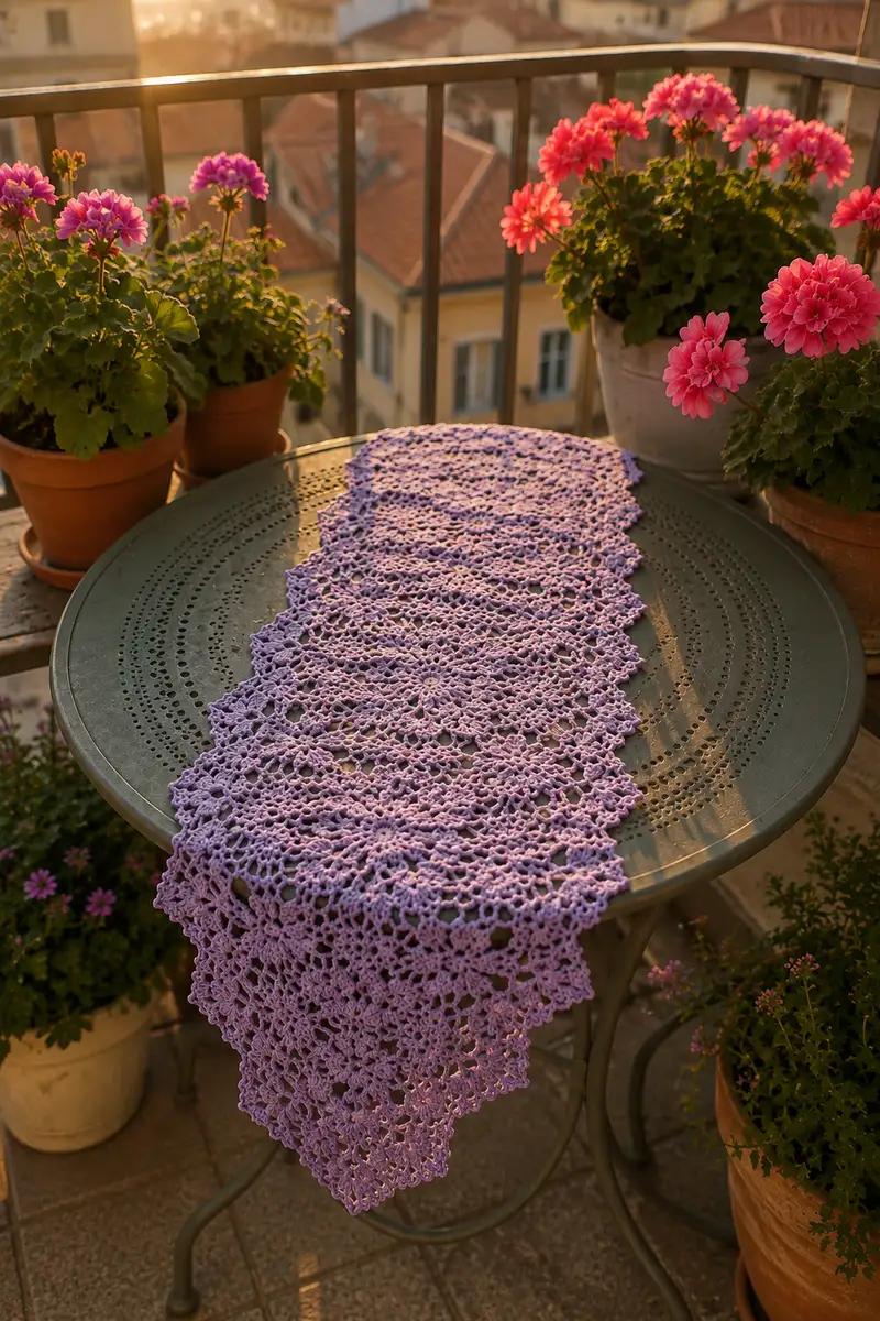 Vintage French Lavender Lace Table Runner Pattern crochet pattern - detailed view of completed project