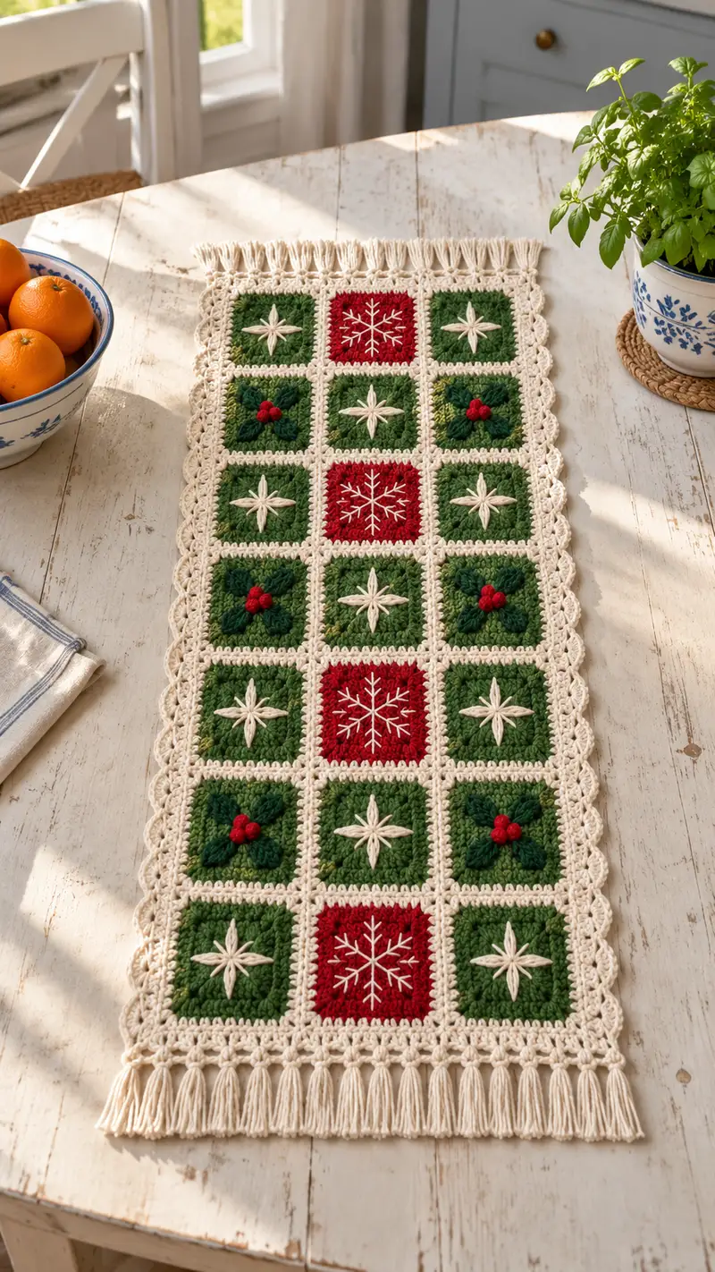 Festive Granny Squares Table Runner Pattern crochet pattern - detailed view of completed project