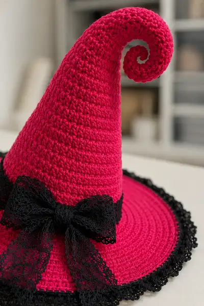 Big Hot Pink Spiral Witch Hat with Black Lace Trim and Bow Pattern step 2 - assembly progress