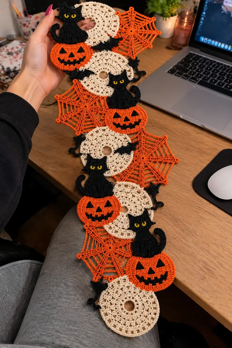 Halloween Cat on Pumpkin Table Runner Pattern crochet pattern - detailed view of completed project