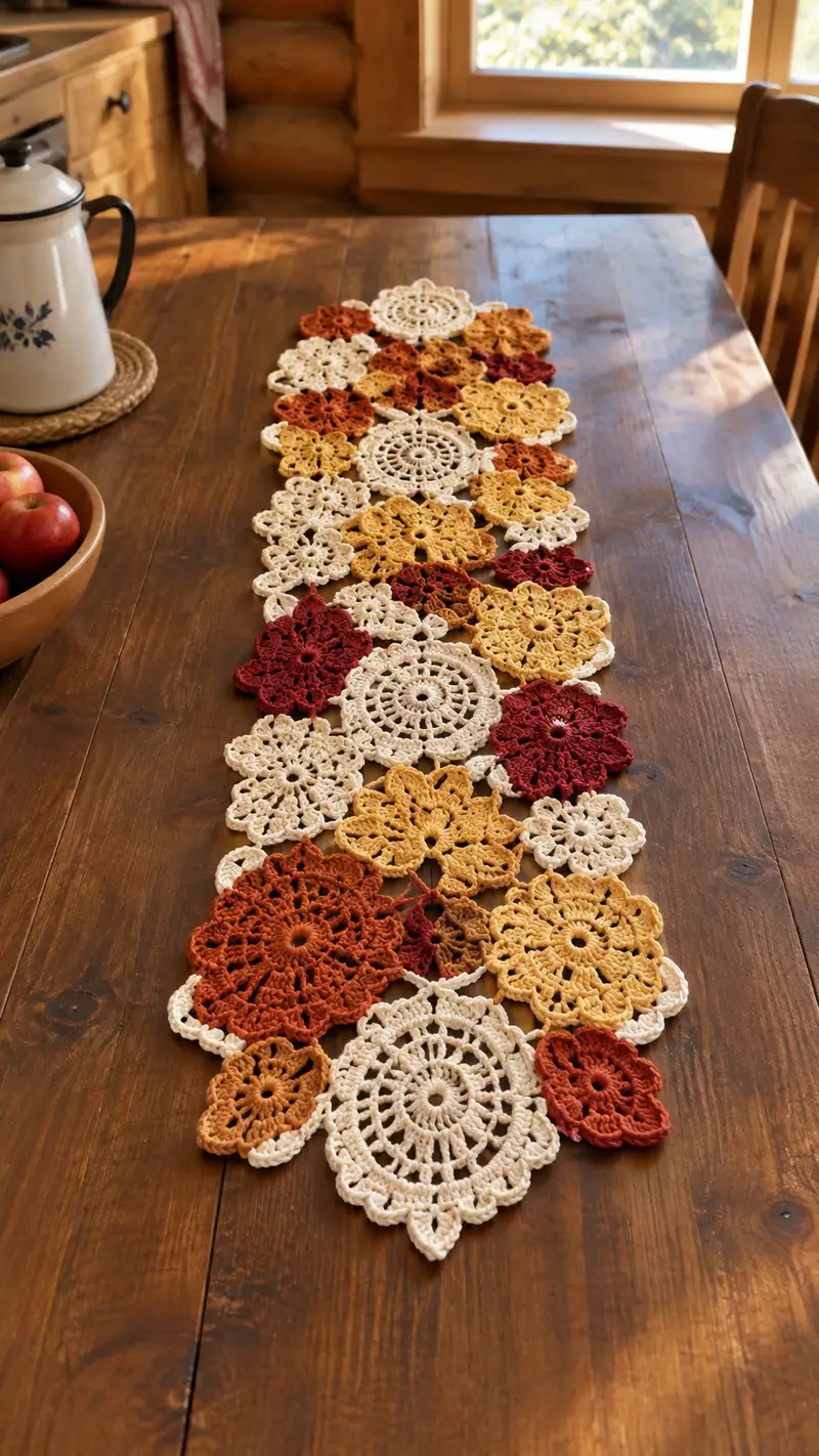 Autumn Floral Motif Ivory And Rust Table Runner Pattern crochet pattern - detailed view of completed project